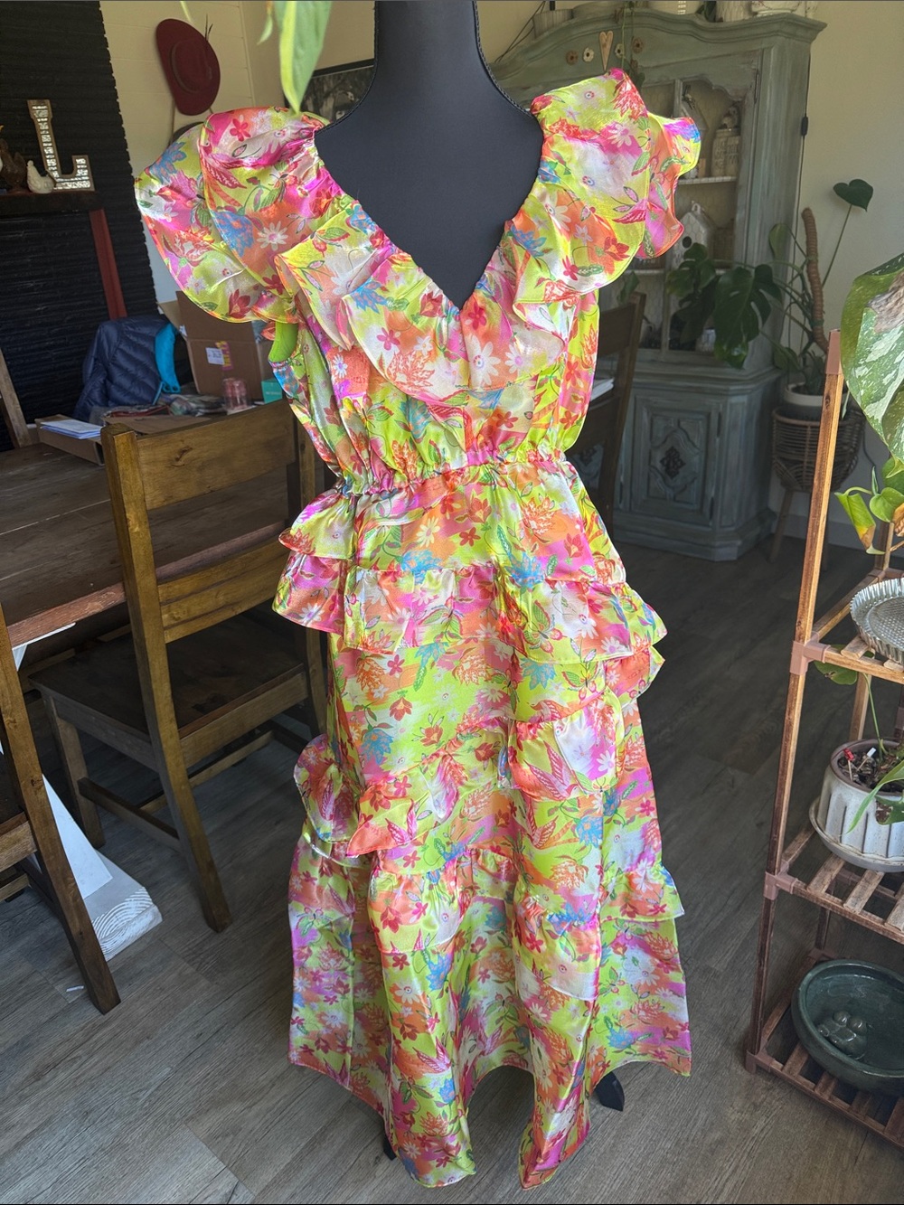 Women’s Lime Floral Ruffle Tiered Maxi Dress